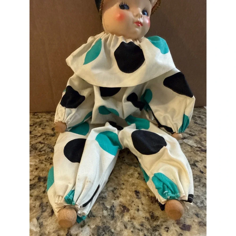 Vintage Clown Doll 16 Inch Teal Black Polka Dot Harlequin Wood Hands